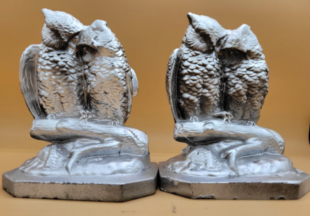Mid-century Solid Cast Owl Bookends Silver Color
