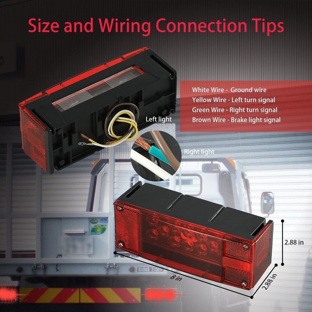 Left Right LED Waterproof Red Trailer Boat Rectangle Stud Stop Turn Tail Lights