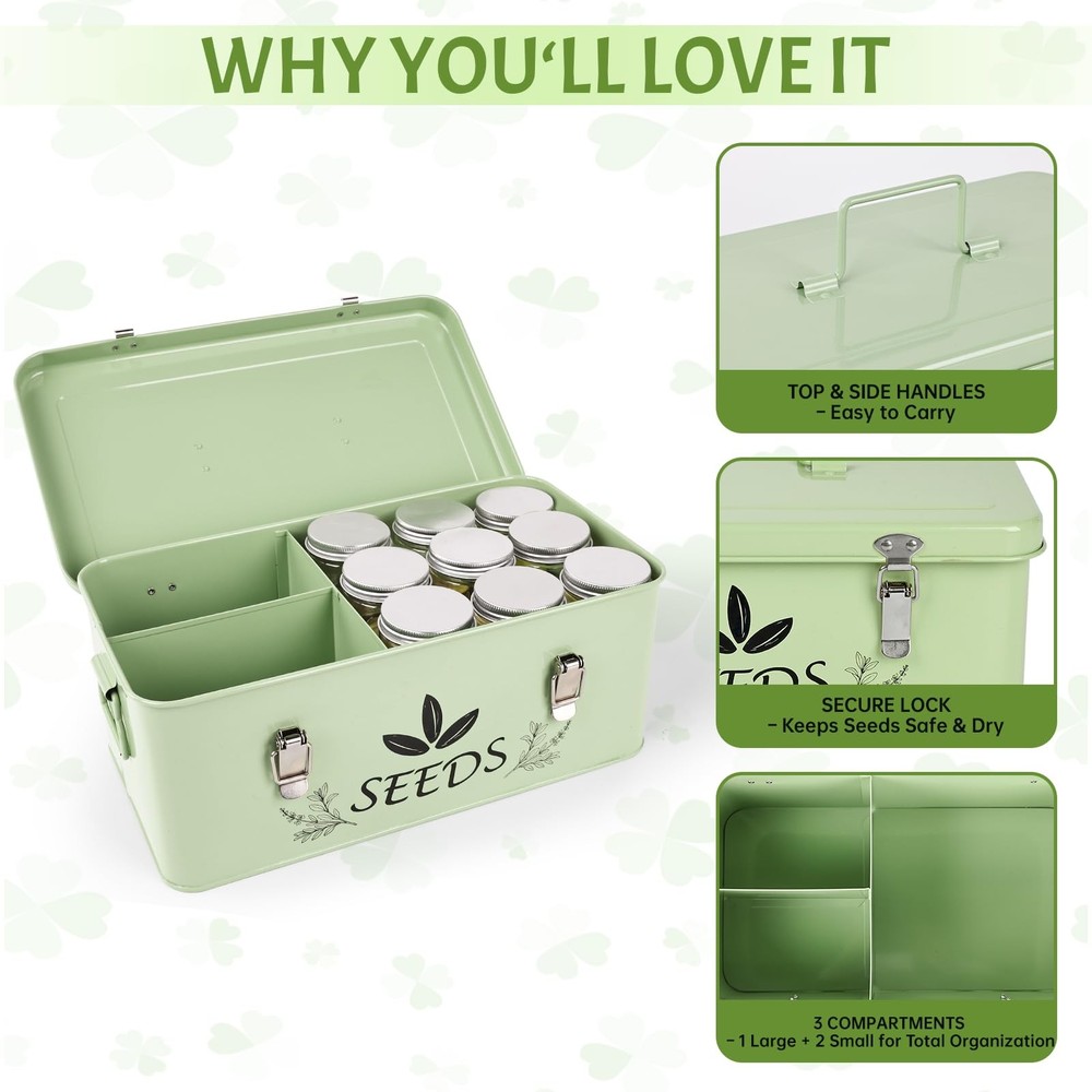 Spring Seed Storage Organizer | 3-Compartment Metal Seed Box with Locking Lid...