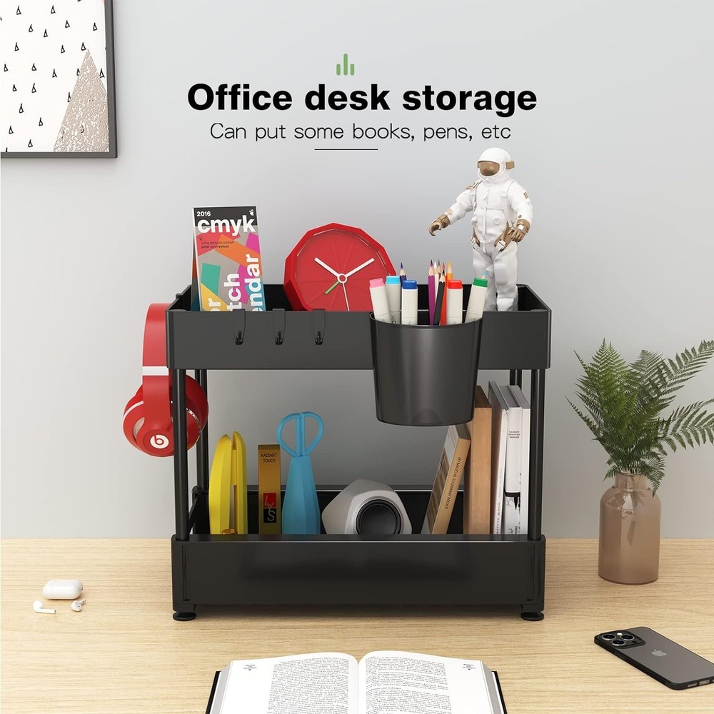 Under Sink Organizers and Storage, 2 Pack Pull Out Cabinet Organizer with Hooks