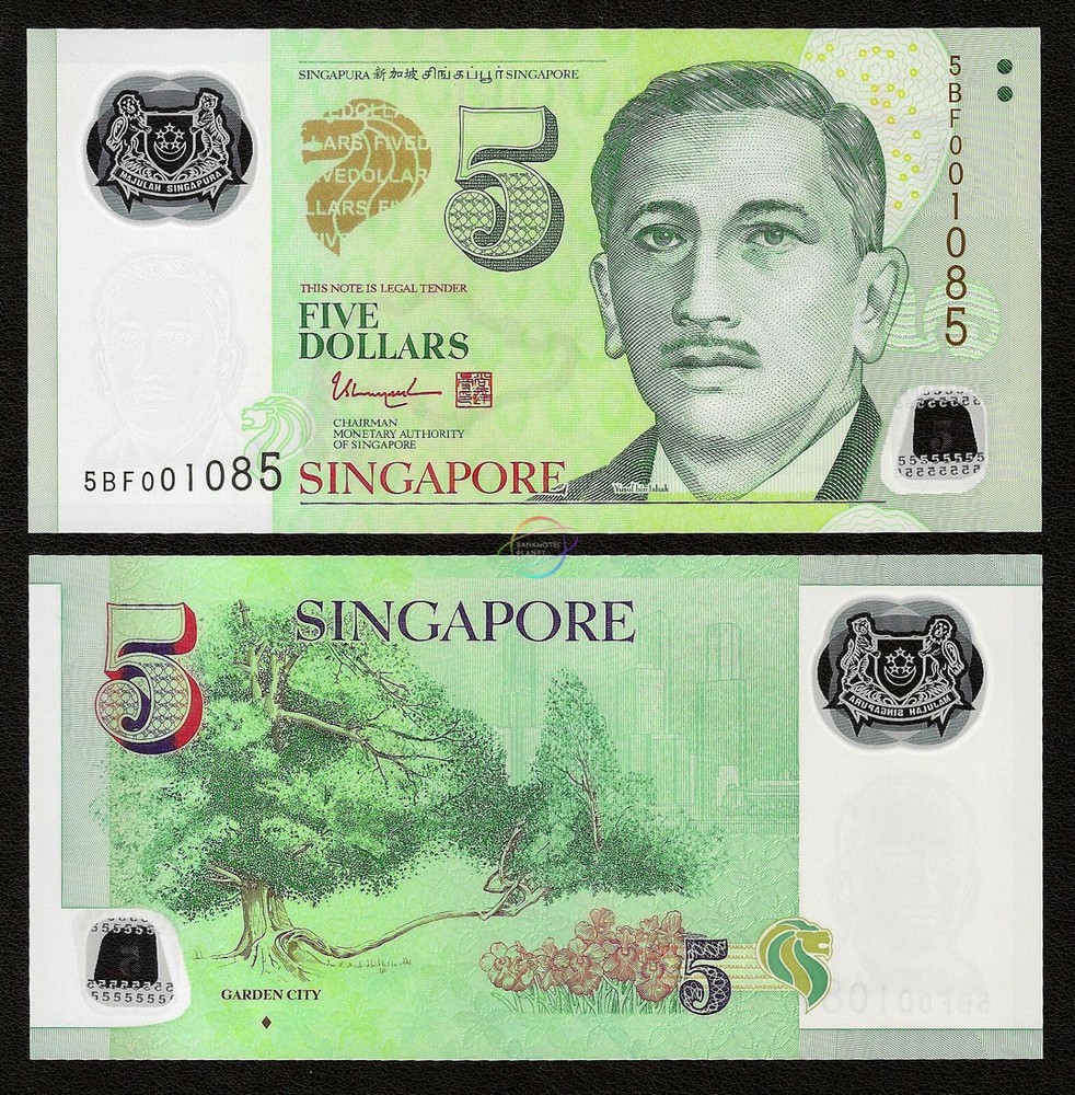 SINGAPORE 5 Dollars w/1 Diamond 2018 P-47e Polymer UNC Uncirculated