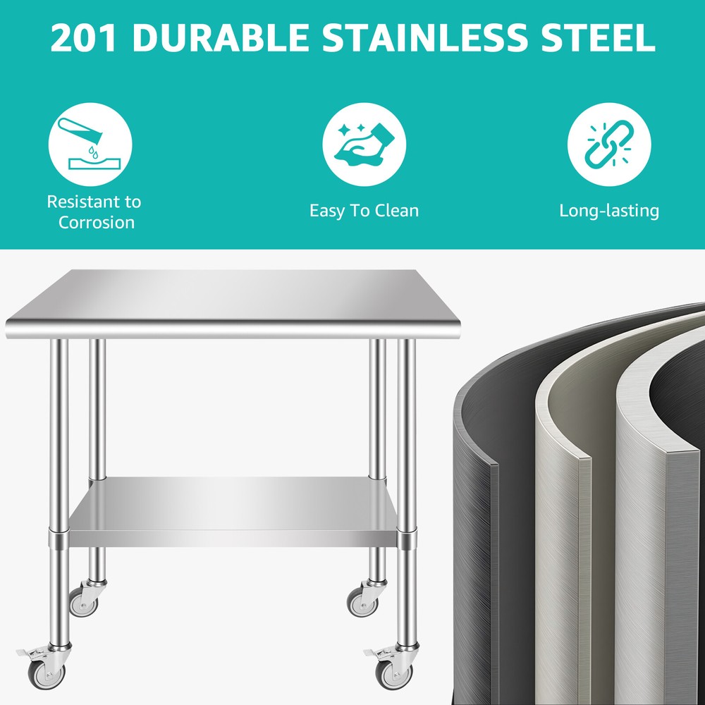Stainless Steel Table 36'' x 24'' for Prep & Work with Wheel for Kitchen