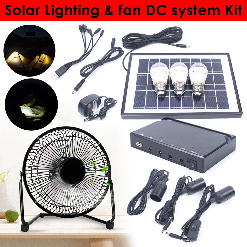 Solar Power Panel Kit Outdoor Camping USB Charging System W/ LED Light & 8" Fan