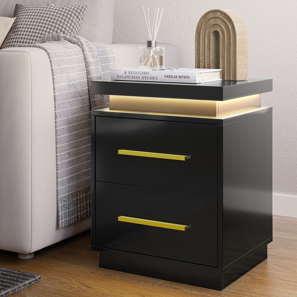 1/ 2 PCs End Table, Nightstand with RF Remote-Controlled LED Lights, Drawers