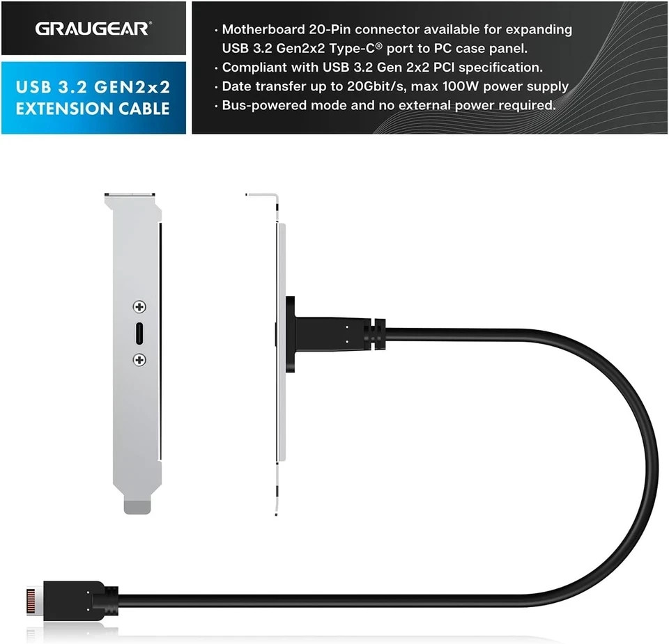GRAUGEAR 20Gbps USB 3.2 Gen 2x2 USB-C Front Panel Type-C Adapter, Silver