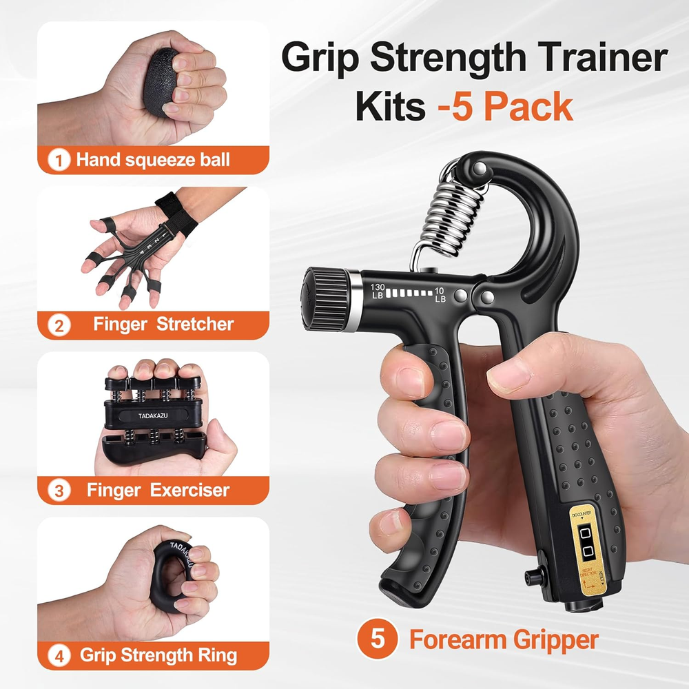 Grip Strength Trainer Kit (5 Pack) , Adjustable Resistance Hand Gripper, Finger