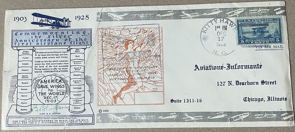 Capt B. B. LIPSNER SIGNED - WRIGHT BROS ANNIV Cover 1928 KITTY HAWK NC w CONTENT