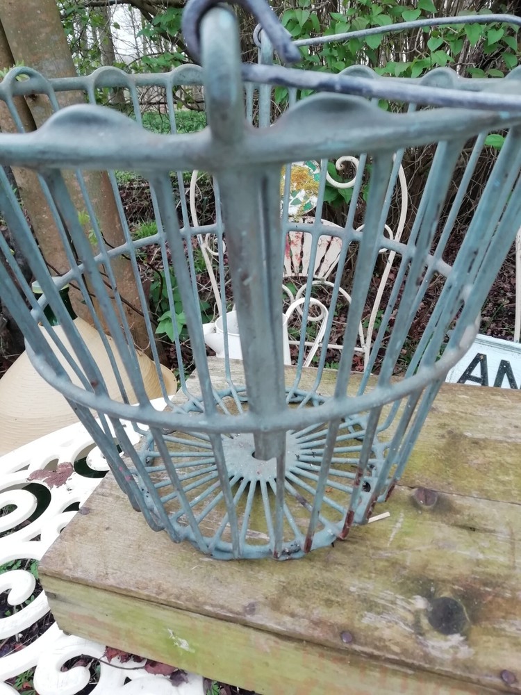 Vintage Metal Open Work Basket With Turned Wood Handle