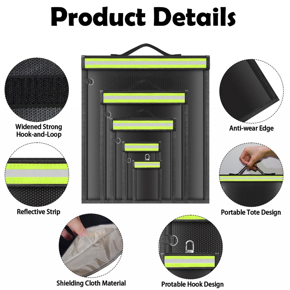 5 Pack Faraday Bags with Handle & Reflective Strip, 5 Pack, black