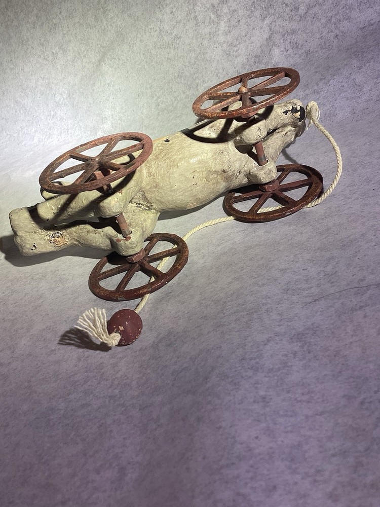 Antique Paper Mache Leaping Cat On Wheels Pull Toy