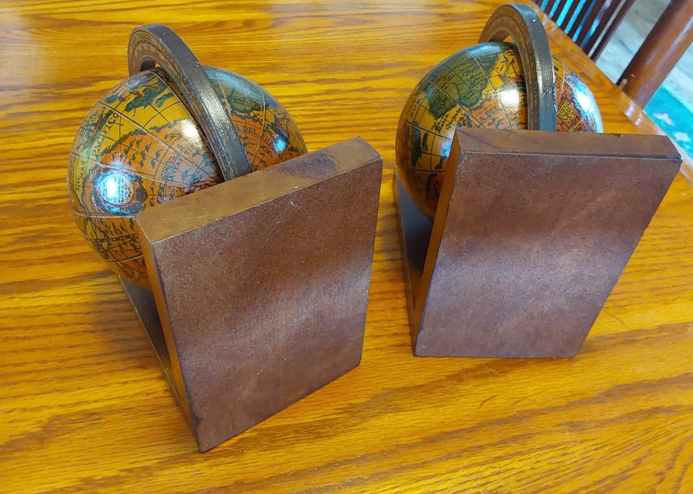 Old World Globe Rotating Sphere Wooden Bookends in Nice Condition