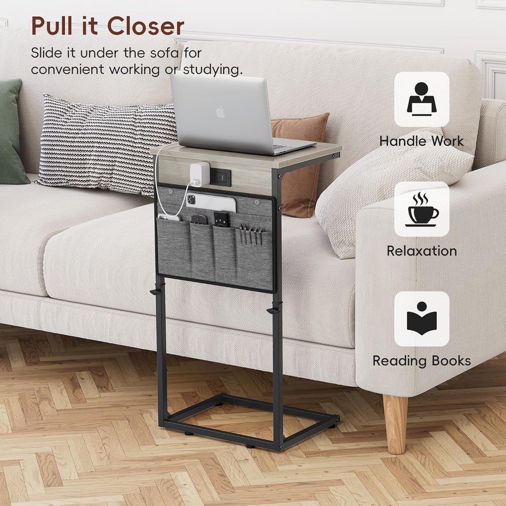 C Shaped End Table W/ Charging Station 33"Tall C Table End Table Adjustable