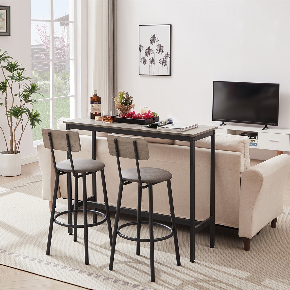3 Piece Bar Table Set Counter Height Kitchen Pub Table w/ 2 Bar Stools Grey