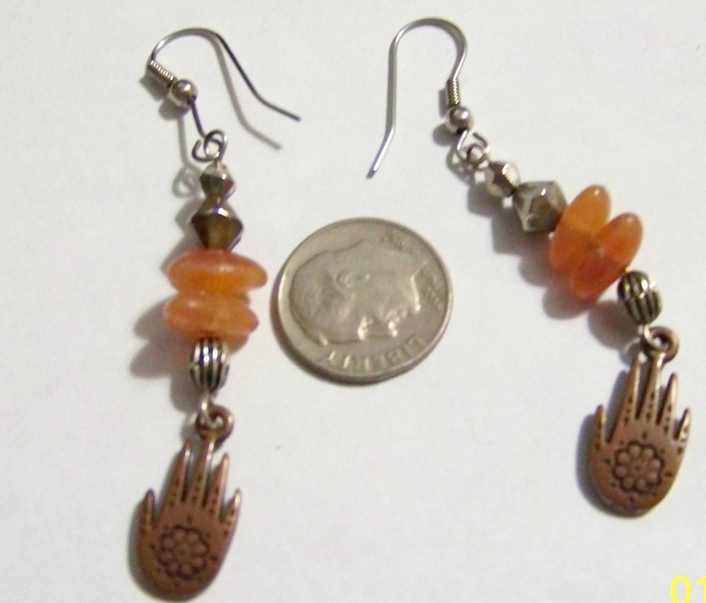 S. Silver Wire, Carnelian & Copper"Hand"Earrings 2 3/4"