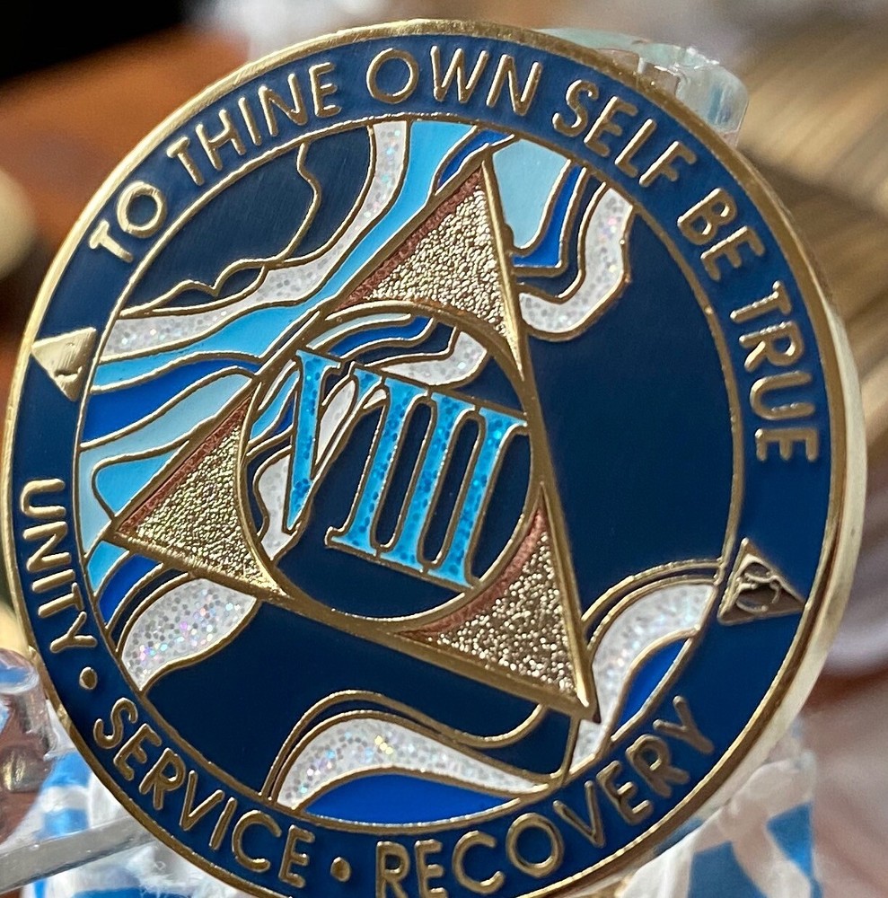 8 Year AA Medallion Elegant Marble Navy Blue Sobriety Chip