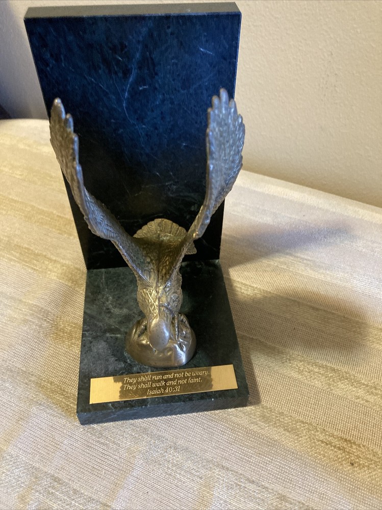 Pair Bronze Eagles Marble Bookends Holders Old Decor Statue Isaiah 40:31 Script