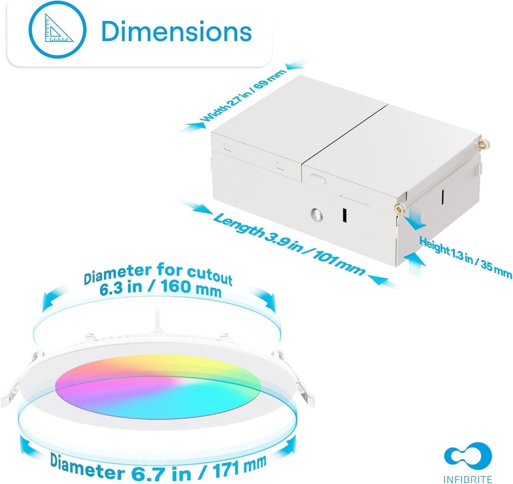 InfiBrite 6" Smart Slim Recessed LED Downlight, WiFi, 12W Dimmable, Alexa/Google