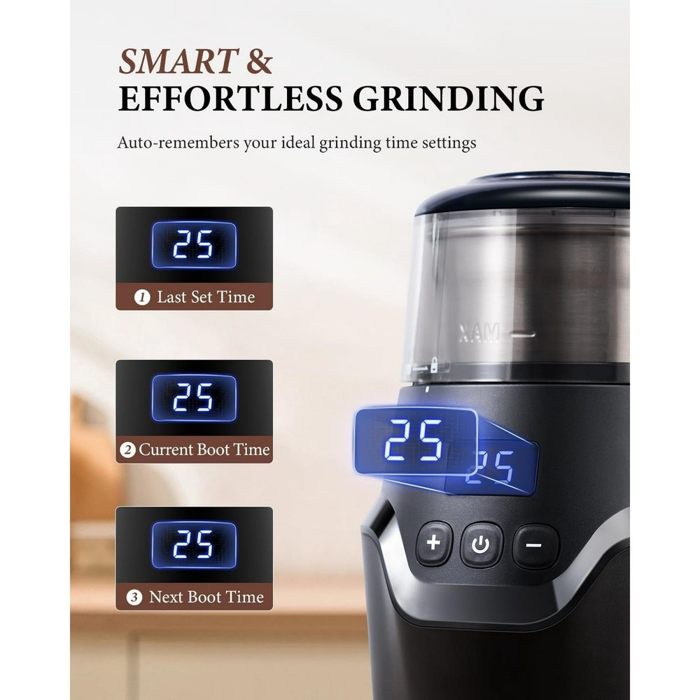 Adjustable Coffee Grinder Electric Bean with Time-Memory Stainless Steel