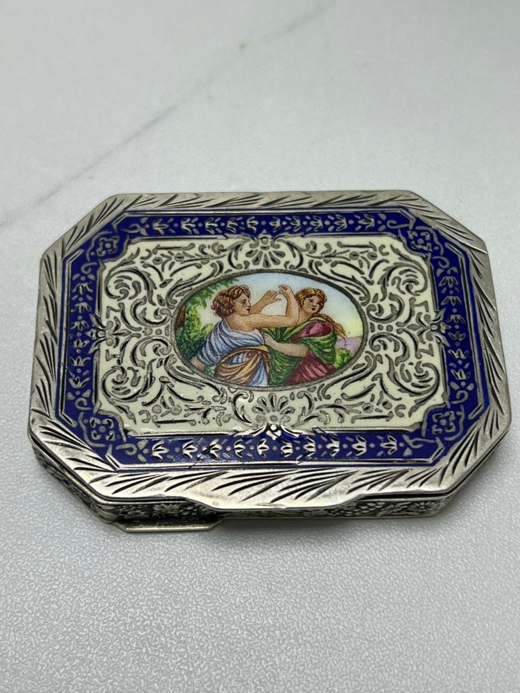 Antique 800 Silver Powder Box Enamel