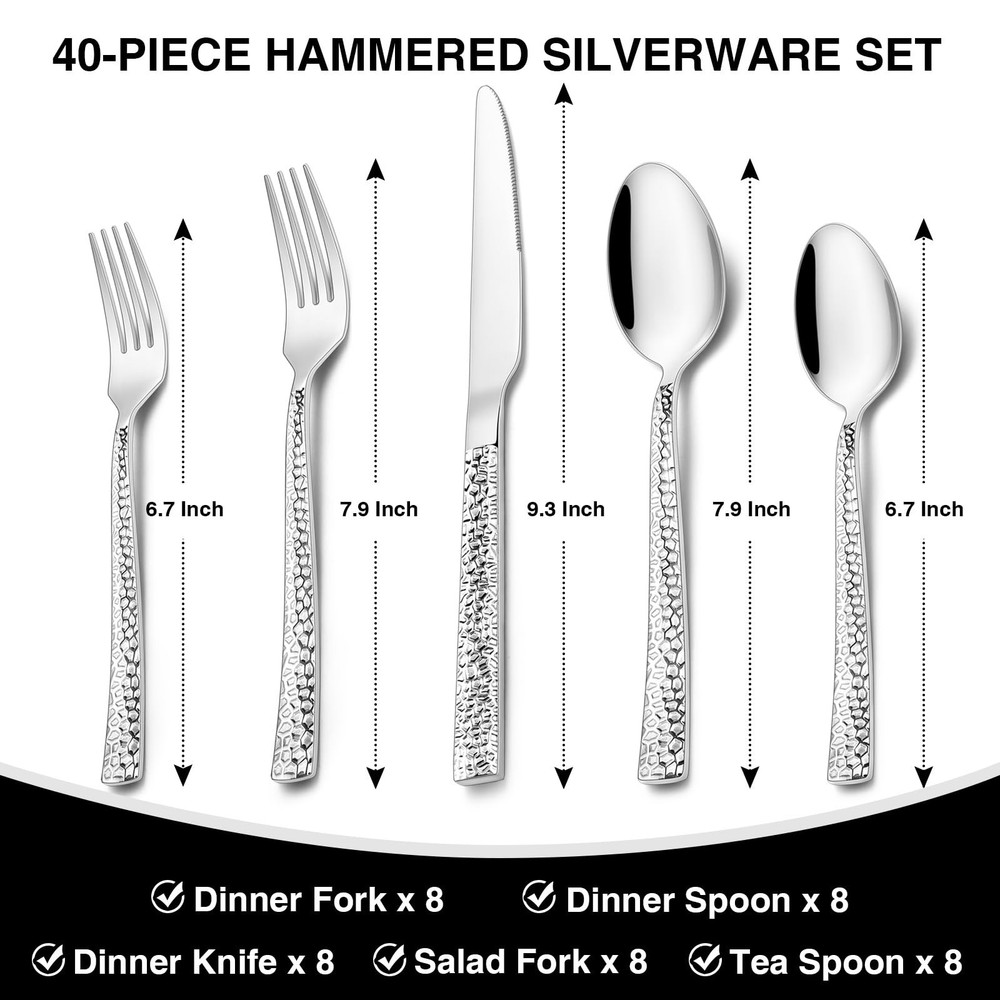 Hammered Silverware Set, 40-Piece Stainless Steel Square Flatware Set for 8, ...