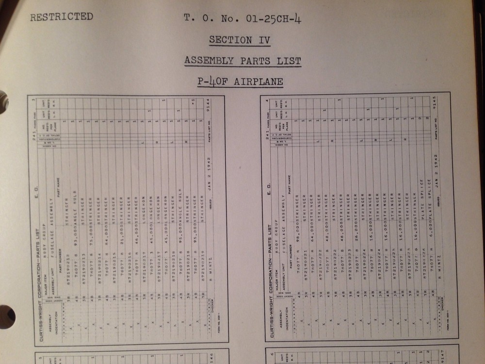 Original 1942 Curtis Wright P-40F Warhawk Parts Manual
