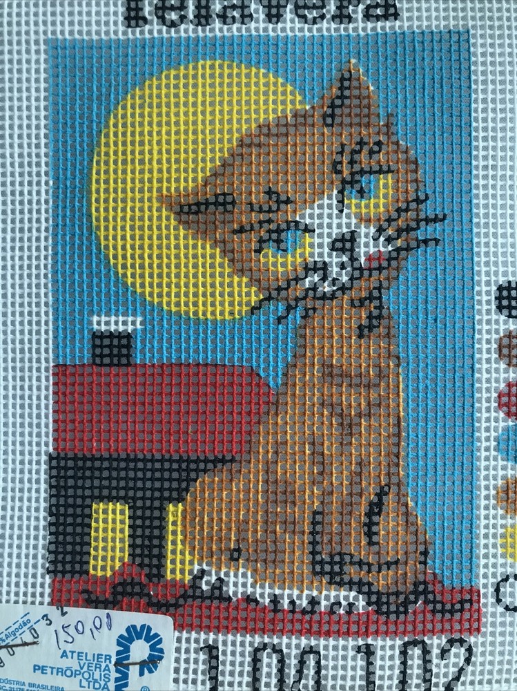 TelaVera Painted Needlepoint Tapestry Cat On Rooftop
