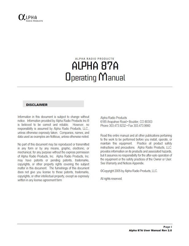ALPHA 87A AMPLIFIER INSTRUCTION MANUAL