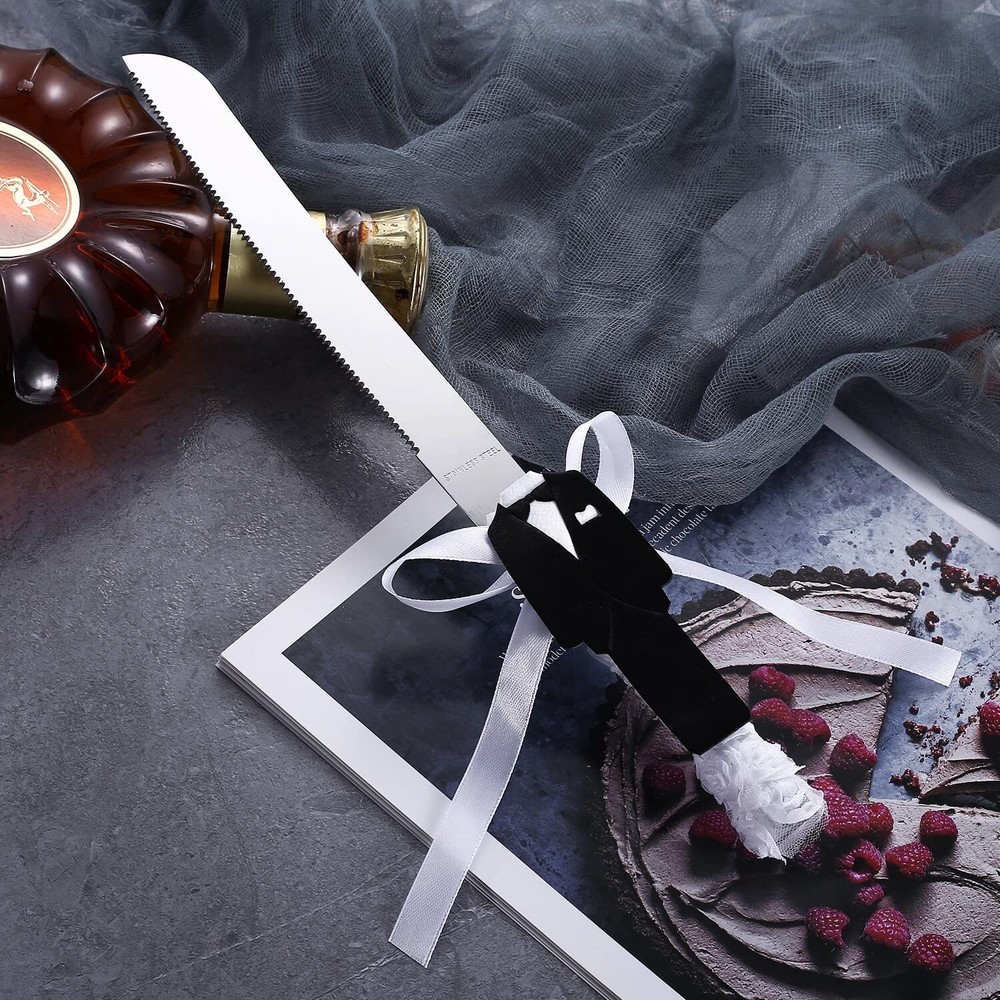 Rustic Wedding Cake Knife Serving Set Bride Groom Artificial Green Leaf 2 PCS
