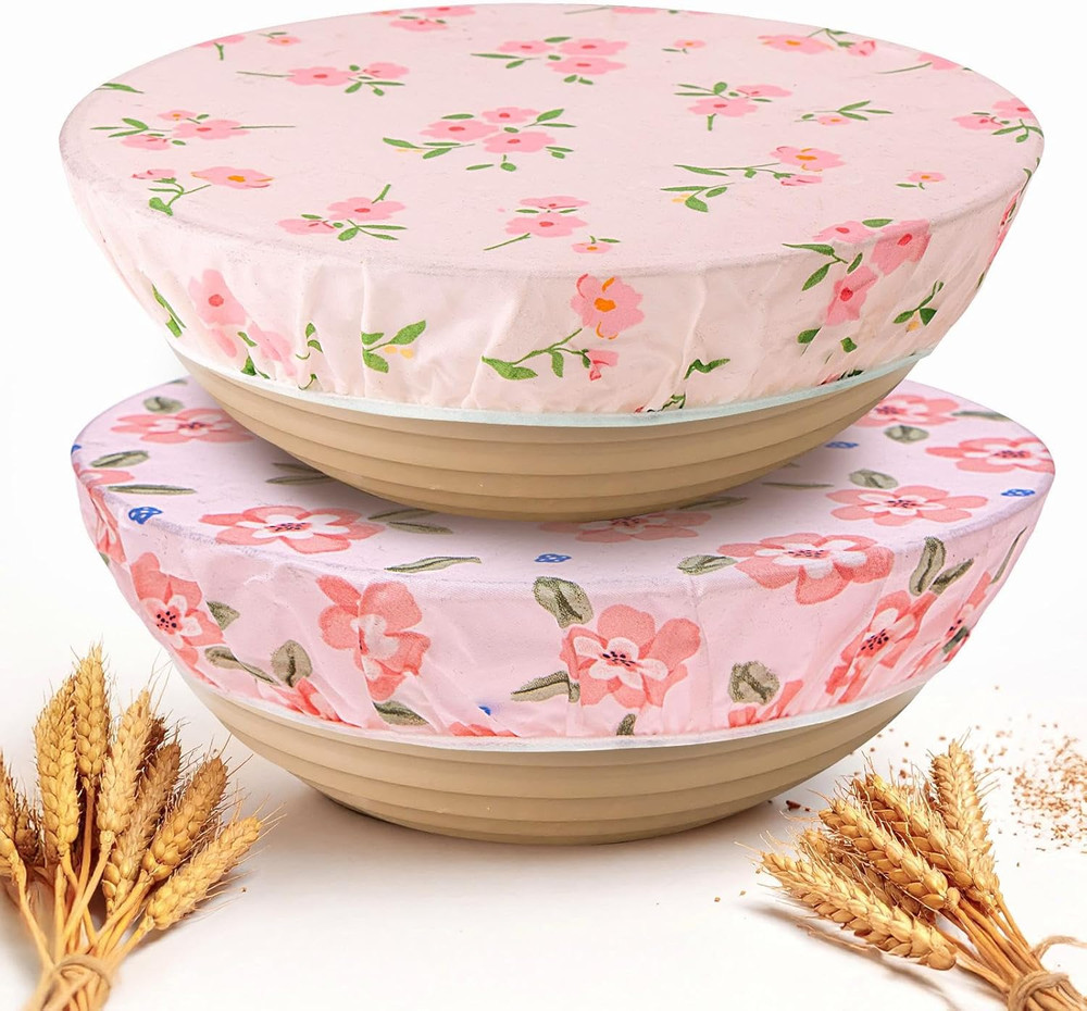 Reusable Beeswax Bowl Covers 2 Large Bread Proofing Baskets 12" Elastic Cotton