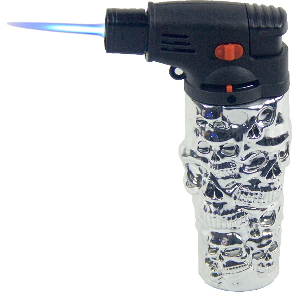 5 Pack 4.3" Jet Torch Gun Lighter Refillable Lockable Adjustable Engraved Skull