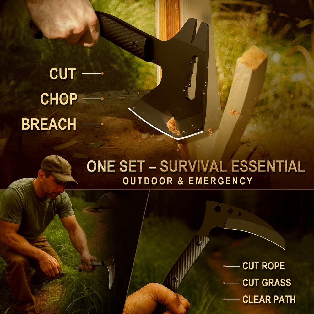 Grumpy Bear Tactical Axe Sickle Set Survival Tomahawk Hatchet