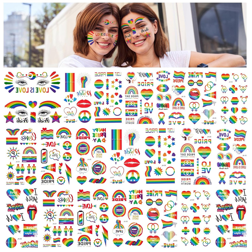 220+ PCS Pride Temporary Tattoos, 20 Sheets Pride Stickers and 2 Pride Face Tatt