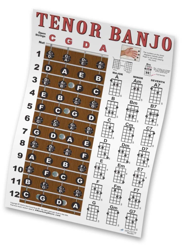 Tenor Banjo 4 String Fingerboard Wall Chord Chart Poster Notes Chords