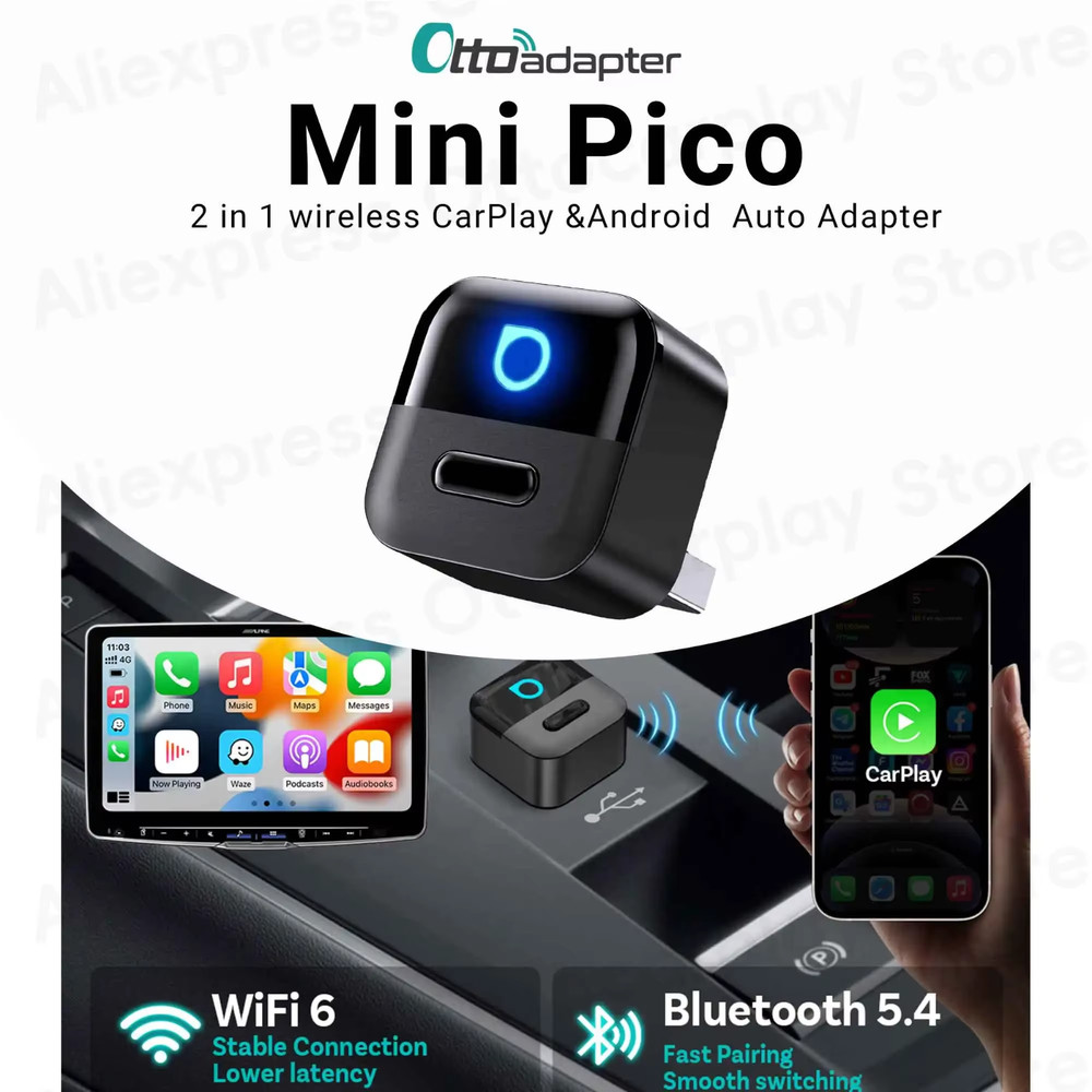 Mini Pico Wireless CarPlay Android Auto Adapter WiFi6 USB Plug & Play