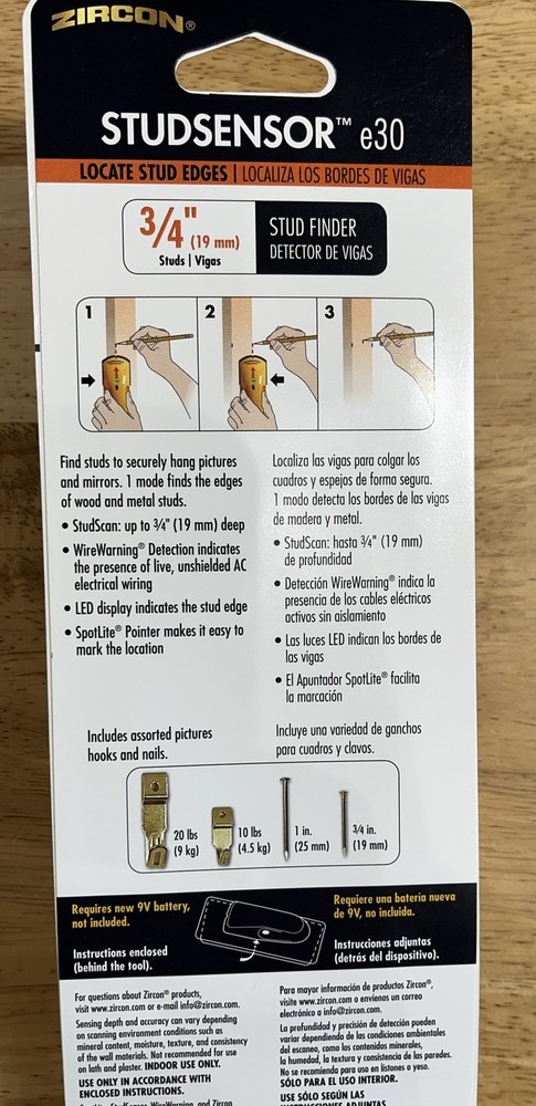 NEW Zircon StudSensor e30 Stud Finder w/ Wire Warning, & BONUS Hooks & Nails