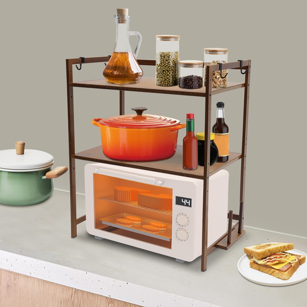 2 Tier 4 Hook Kitchen Storage Rack for Microwave Oven Stand Shelf Organizer