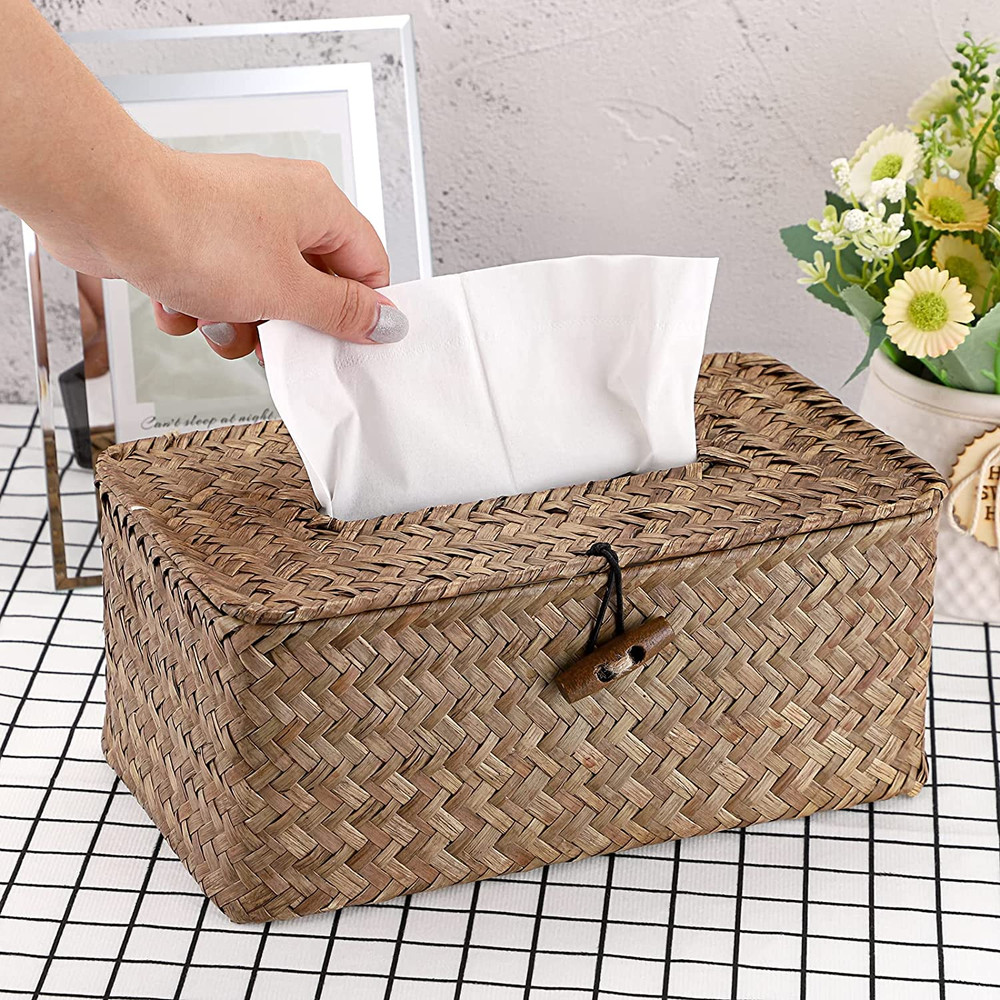 Rectangular Woven Tissue Box Cover, Decorative Seagrass Wicker Tissue Box Holder
