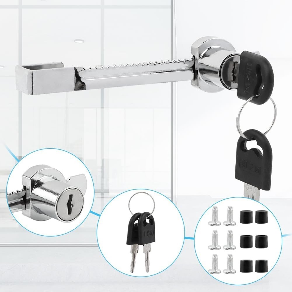 3 pcs Sliding Glass Door Lock Display Case with Key, Security Silver