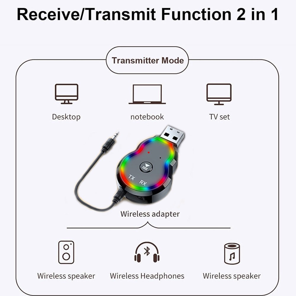 USB with LED Lights Bluetooth 5.0 Transmitter Receiver 2 in 1 Audio Adapter