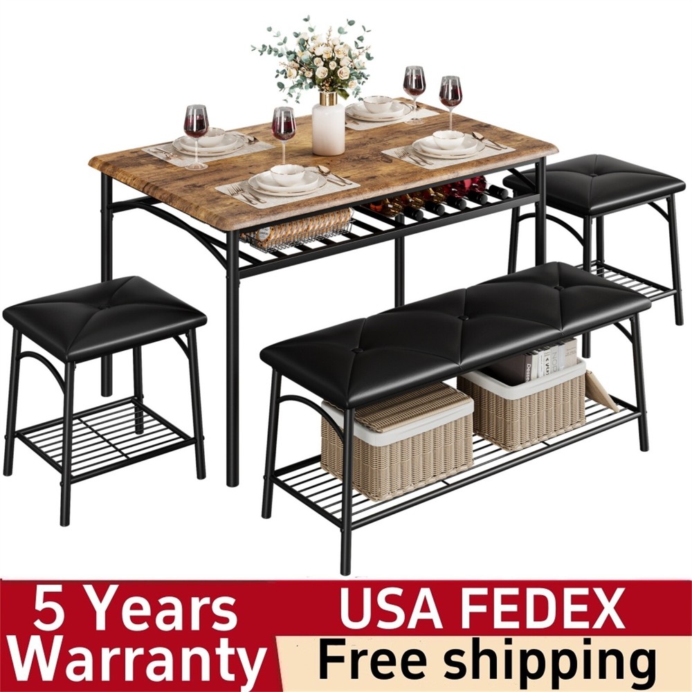 Kitchen Table Set for 4 Dining Table with Bench and 2 Square Stools Storage