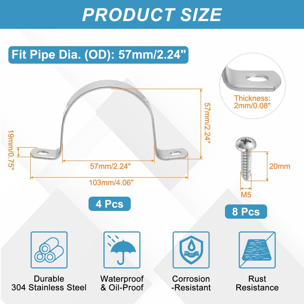 4Pcs 57mm(2-1/4") Two Hole Rigid Pipe Strap with Screws, Silver