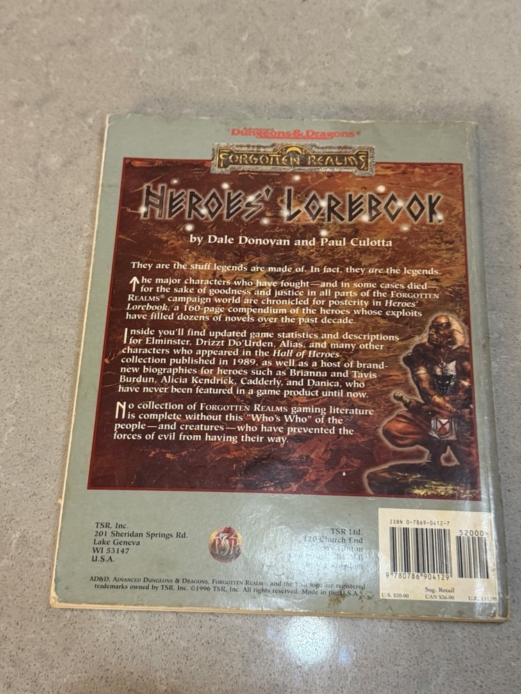 Heroes' Lorebook Forgotten Realms Advanced Dungeons Dragons AD&D TSR 9525 1996