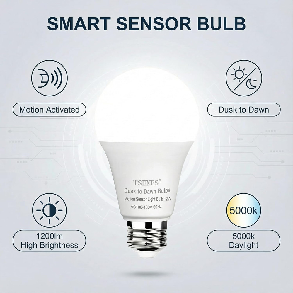 12W Motion Sensor Light Bulbs (100W Equivalent), 5000K Daylight, Motion Activate