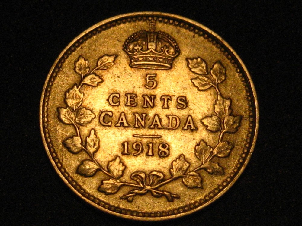 1918 Canadian Five Cent 92% Silver Piece #2