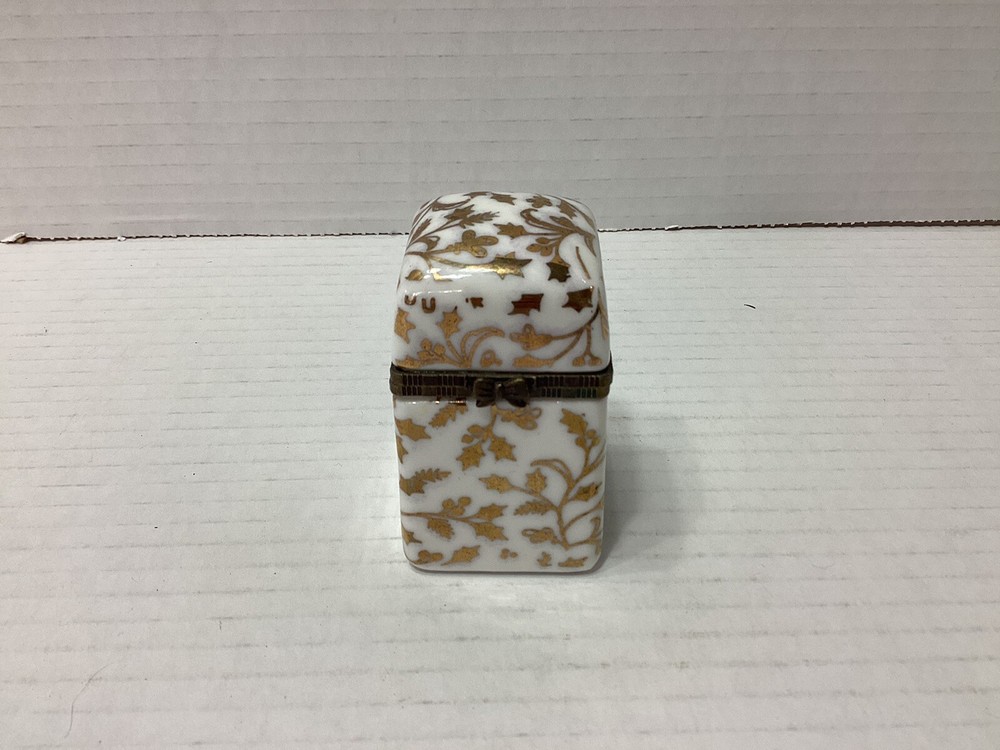 White Ceramic Rectangular Trinket Box Gold Vine Design