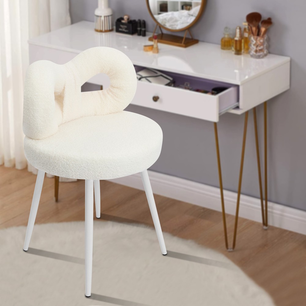 Vanity Chair with Cute Bow Backrest & Wheels 360° Rolling Makeup Seat White