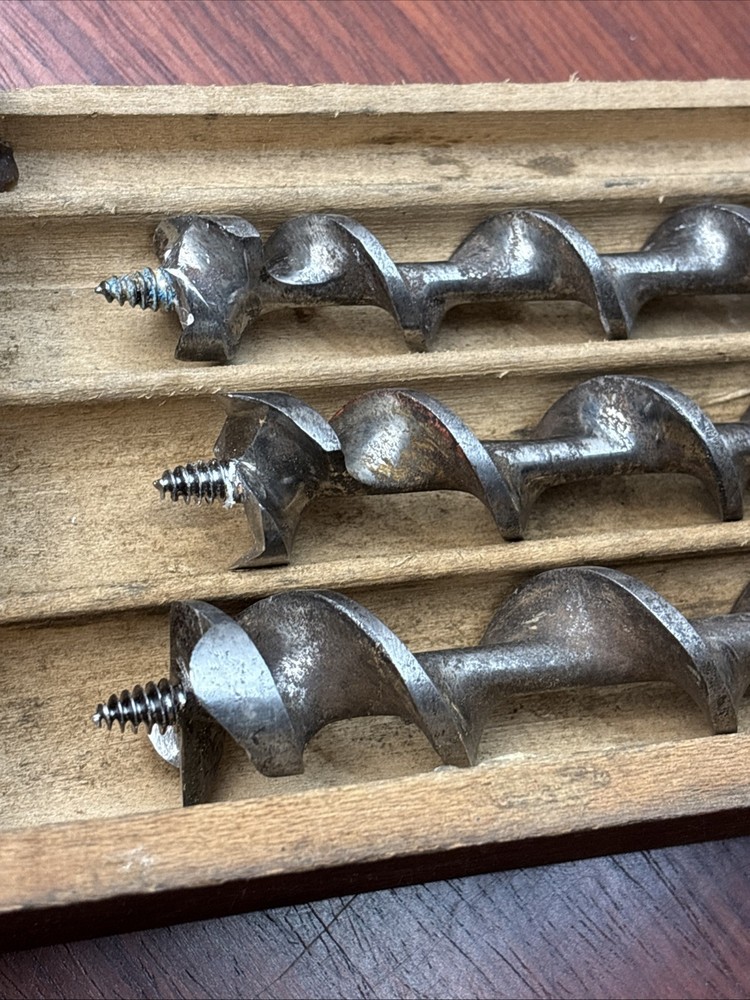 Antique Irwin Auger Drill Bit Wood Box w/ 8 auger bits