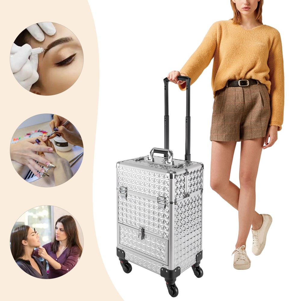 Rolling Makeup Train Case Professional Cosmetic Trolley Makeup Storage Organizer