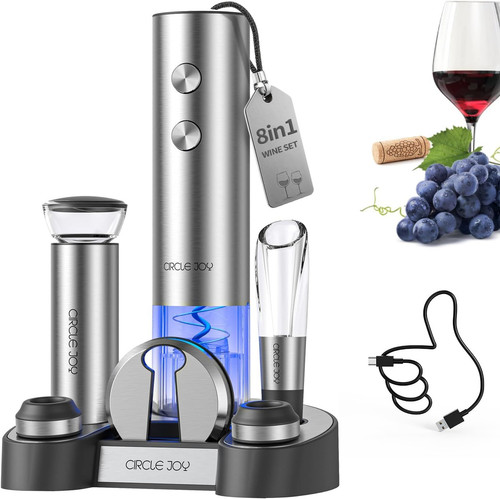 CIRCLE JOY Electric Wine Bottle Opener 8-in-1 Rechargeable Set - Silver