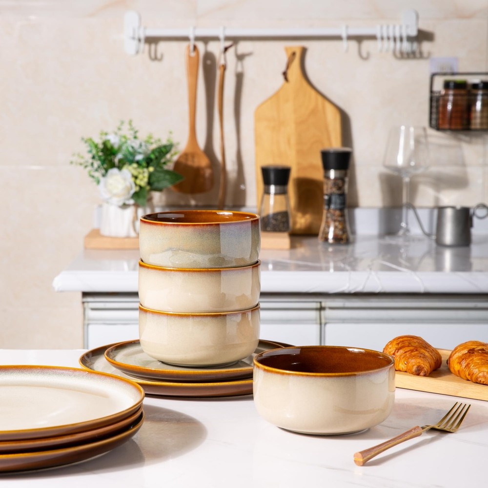 LERATIO Ceramic Dinnerware Sets for Service 8 （24pcs）, Modern-Kahki